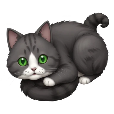 solid dark grey cat with green eyes, completely solid grey face, white toes/paws playing rolling upside down sticker