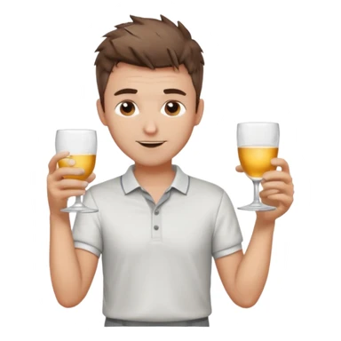 Handsome male.short messy brown hair.mowhawk hairstyle. wearing white golf shirt.grey shorts. Cheersing with a small glass sticker