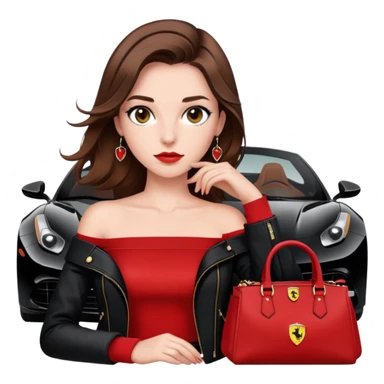 Girl with siren eyes brown hair off shoulder red top black jeans and ferrari jacket black prada purse  sticker