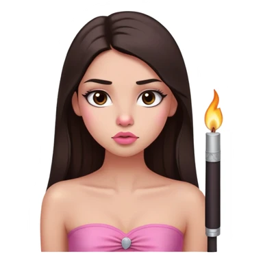 girl with lighter skin, dark brown long straight hair, pouty shiny lips without cupid's bow, large eyes, lighter button nose, long oval-shaped face, wearing a pink bandeau top with straight neckline sticker