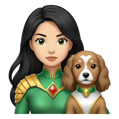 green power ranger wasian woman with long black hair and a fully light brown cockapoo dog sticker