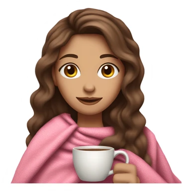 girl inside a pink blanket holding coffee , brunette long wavy hair, with fair skin sticker