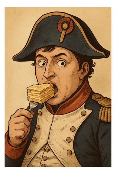 Используя похожую стилистику, слегка мультяшную, но при этом реалистичную - сгенерируй Наполеона, который кладет себе в рот большой кусок торта Наполеон и при это удивленно смотрит в кадр, будто его неожиданно застукали за этим занятием sticker