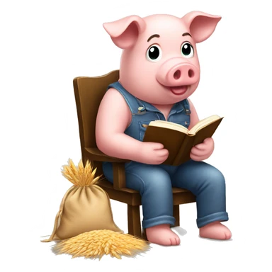 Pig reading a book sitting on a high chair with a bag of wheat on the floor  sticker