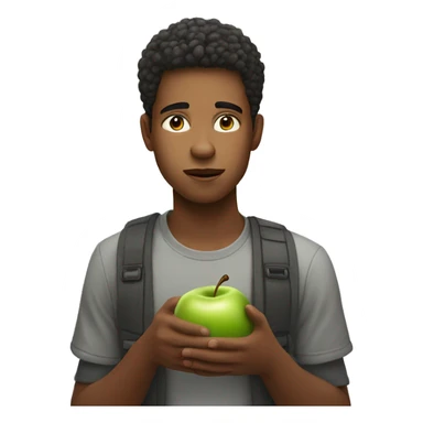 thoughtful young man indoors eat an apple sticker