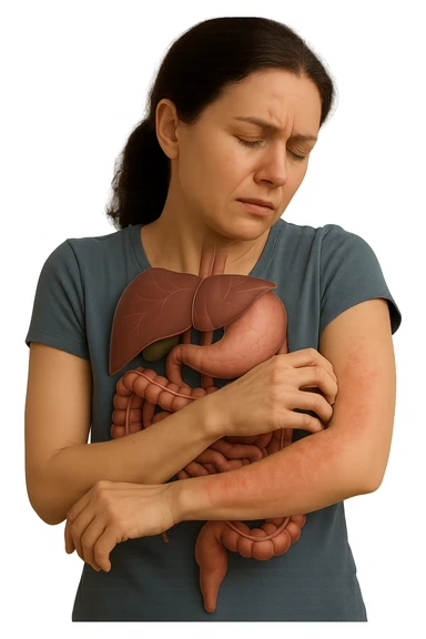 donna con intestino umano anatomico realistico che si gratta il braccio su cui ha un'eritema, iperrealistica 4k sticker