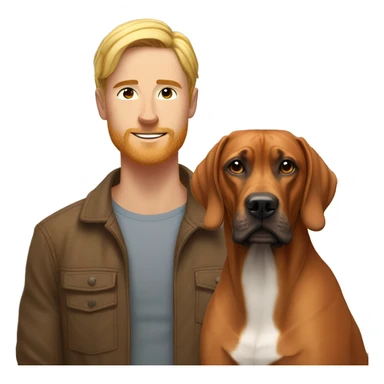 white male with long rainbow colored hair standing alongside a brown rhodesian ridgeback sticker