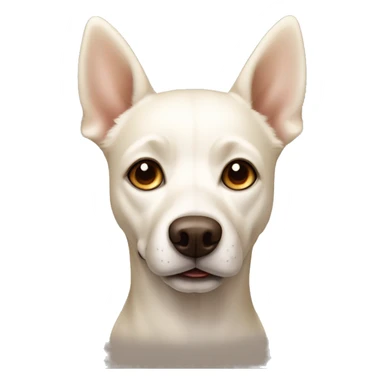 cream white colored dog, pointy ears, brown eyes, light brown nose sticker