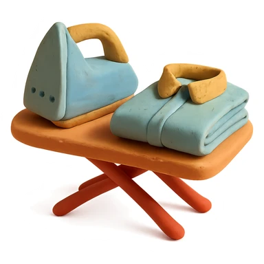 iron on ironing board with a neatly folded shirt, playful arrangement, pastel palette, claymation style sticker