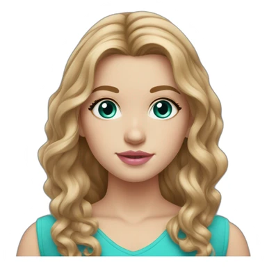 white girl with long wavy light brown hair HAZEL eyes, round face, divet in chin, pink lip gloss turquoise top sticker