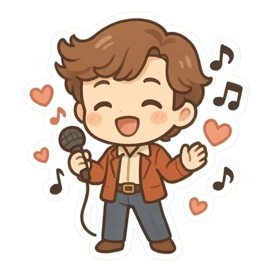 chibi version of Dave the singer, retro outfit, holding microphone, surrounded by hearts and music notes, cute sticker-like style sticker
