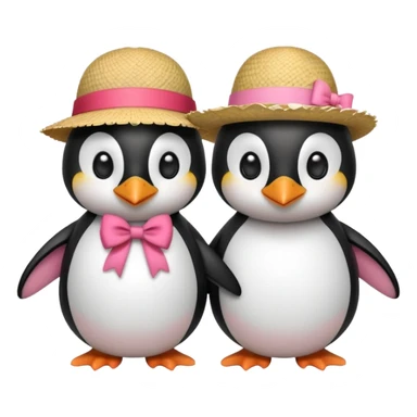 Allora fammi un emoji che rappresenta un pinguino con in testa un fiocco rosa che da la mano a un altro pinguino che in testa ha un cappello di paglia con al centro del cappello una striscia rossa sticker