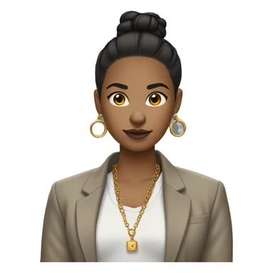 Light brown girl with black low bun, gold bracelet, gold rings, gold nose ring, gold rings, gold earrings, with a gray shirt, a blazer, plaid pants, and white sneakers sticker