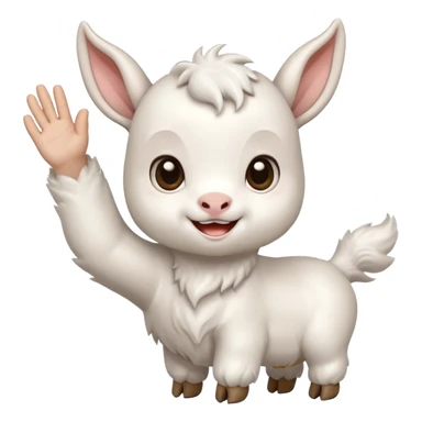 Chibi baby goat with a joyful expression, waving hello with one hoof, simple clean chibi stickers style, designed for a small emote, white background. Make sure that the hoof is not a hand. sticker