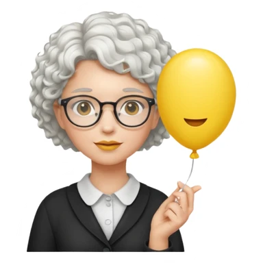 woman with short curly white hair and wearing glasses, holding yellow balloon sticker