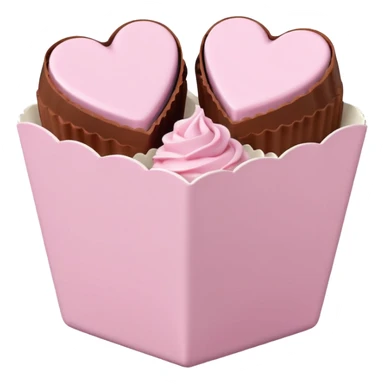Two square milk chocolate , Each praline is a sharp-edged cube with smooth glossy chocolate coating, placed in a small white fluted paper candy cup. On top of each cube is a flat pastel pink heart-shaped icing sticker