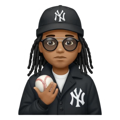 African American man with shoulder length black dreadlocks wearing black sunglasses with black bubble winter coat wearing a New York Yankees baseball hat with hands thinking on face sticker