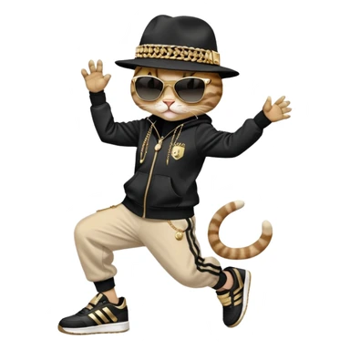 female cat dressed like Run DMC in tracksuit, fedora, Adidas shoes, dark sunglasses, lots of gold chains and bling accessories, break dancing sticker