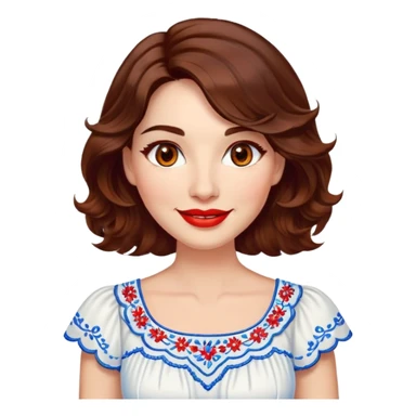 Professional woman at 40 with bright complexion, round face, big lively light brown eyes, wide friendly smile, vibrant red lips, voluminous wavy dark brown hair to shoulders, white summery dress with blue embroidery and electric blue neckline sticker