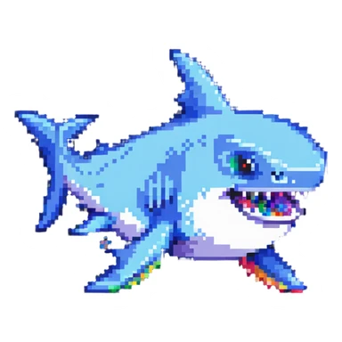 cute shark in colorful shoes in pixel art style sticker
