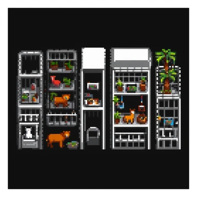 pixel art style zoo with visitors and animal cages sticker