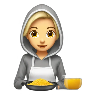 Girl is cooking scramble , white skin, light colour of hair, hoodie, trousers , straight hair sticker