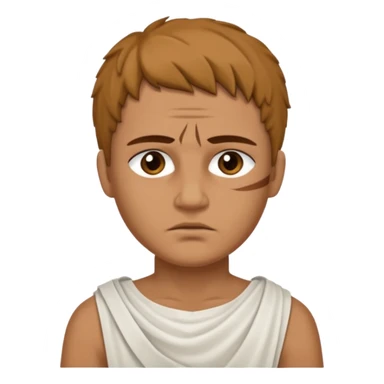 Emoji portrait of a Roman slave. Plain tunic, scar on the face, downtrodden expression. sticker