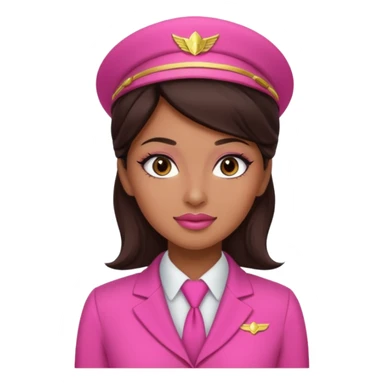 Flight attendant with pink outfit tan skin dark brown hair pretty makeup small mole by lip sticker