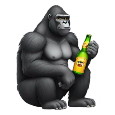 a gorilla sponsored by Carambar holding a beer and a vodka bottle sticker