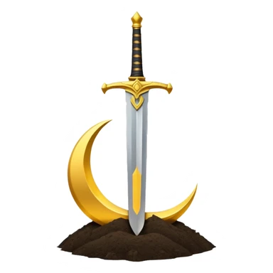 Minimalist emoji of a single upright sword planted into the ground with a glowing crescent rising behind it, representing inner discipline, Islamic strength, and the start of a new chapter. Flat icon style, transparent background sticker