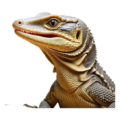 Cinematic Realistic Cute Yawning Monitor Lizard Portrait Emoji, Head tilted slightly with a dramatic, wide-open yawn, showcasing a soft, textured scaled hide with subtly drooping features and half-closed, drowsy eyes, rendered with meticulous natural detail and warm shadows, high shine, relaxed yet expressive, styled with a dash of desert charm, soft glowing outline, capturing the essence of a sleepy yet affectionate monitor lizard that appears ready to stretch out for a restful nap! sticker
