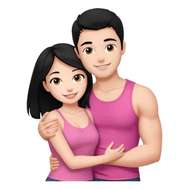 a pretty bratz fair girl. black hair, wearing a pink cami top, she is hugging a handsome fair guy with black hair. lean but muscular.the boy is wearing a black tshirt sticker