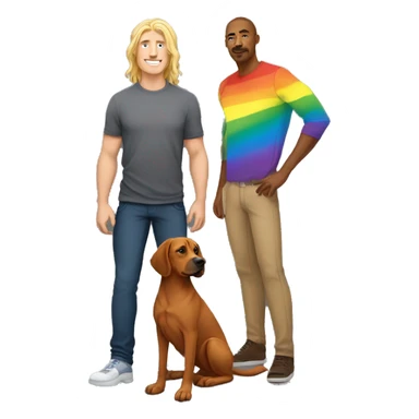 white male with long rainbow colored hair standing alongside a brown rhodesian ridgeback sticker