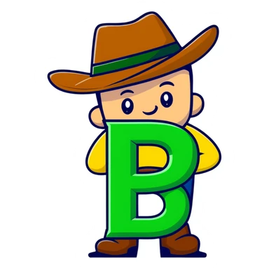 Cowboy character with green cowboy hat and letter R sticker