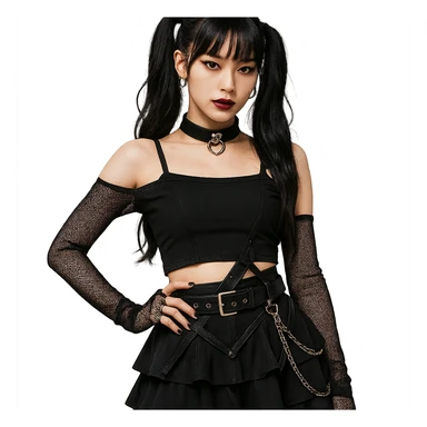 gothic K-pop girl, stylish black stage outfit, trendy hair, confident pose, dark and edgy pop style sticker