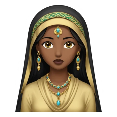  Mujer joven, morena, de gran belleza y porte misterioso.
Ojos grandes y negros, mirada intensa y fija; labios marcados.
-Cabello: Negro, largo y brillante, suele ir cubierto parcialmente por un velo o pañuelo oriental. Cuerpo conpletoVestimenta: Ropa de inspiración arabe brazaletes y pendientes.
 sticker