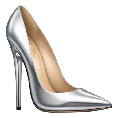 A pair of high heel shoes emoji made of polished silver chrome, elegant sharp silhouette, smooth metallic surface, glossy reflections, luxury sexy vibe, minimalistic iOS emoji style, centered, clean white background sticker