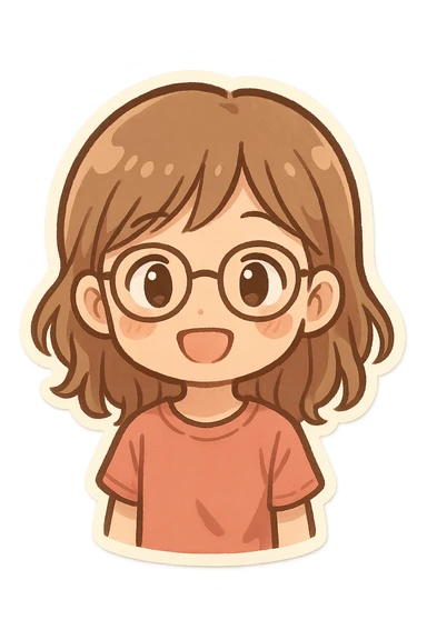 chibi sticker of a 10 year old girl, light brown hair, wearing glasses, smiling warmly, no text sticker