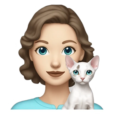 White brunette woman holding slim white devon rex with light blue eyes sticker