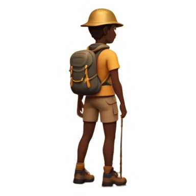 A 3D cartoon hiker silhouette standing on a rocky path at sunset, warm golden light, Memoji-style rendering. sticker