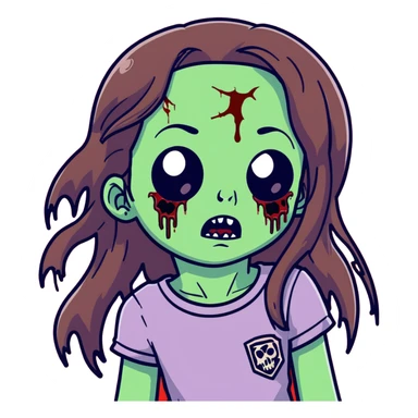 Girl zombie with long flowing brown hair, decaying pale green skin, and creepy undead expression sticker