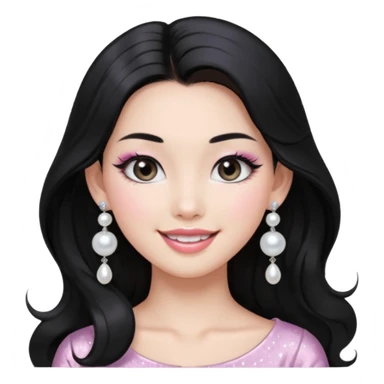 asian long voluminous black hair silver grey eyes glossy lips glittery white and light pink eyeshadow girl pearl earrings sticker