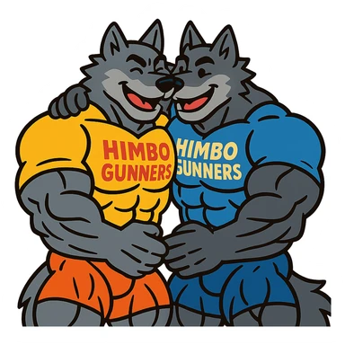 two extremely muscular wolf furries with exaggerated muscles, wearing t-shirts that say 'Himbo gunners', hugging each other, friendly and joyful expressions, highly defined physiques sticker