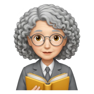 elderly female, curly hair, holding book, wearing gray suit sticker