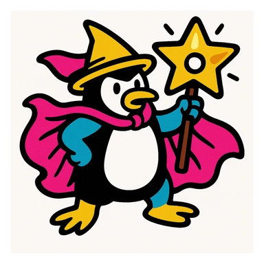 Add a magical star accessory inspired by the yellow star with a hole in the second reference image to the penguin wizard's staff. The star should look like a magical artifact, bold and colorful in style, matching the vibrant toon style. sticker