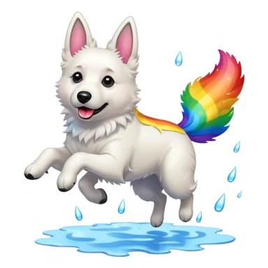 White belgian Shepard jumping over Rain puddles. There is a rainbow in the sky sticker