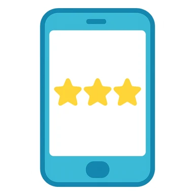 Smartphone icon with three yellow stars aligned in a row on the screen, flat emoji style, outline with blue and turquoise colors, screen filled solid white sticker