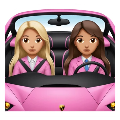 Make car far away so I can see full car Car facing forward in sports car. Make hair long  two girls in car far away Front of car sitting in the seats. Make it a pink sports car. They are two baddies make it a Lamborghini pink car  sticker