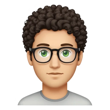 young man with dark tall voluminous curly hair styled up high on head, wearing glasses with green eyes and very light stubble, with a slight smile sticker