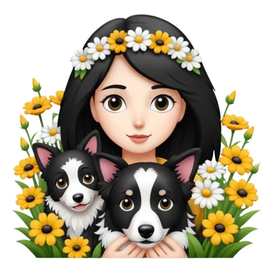 A girl is holding a black and white border collie in the flowers sticker